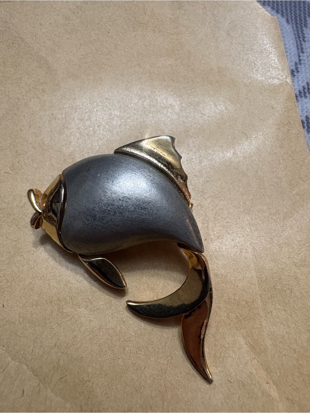 GOld and silver tone fish brooch